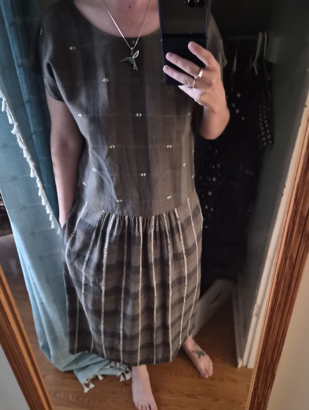 Ace & Jig Olive and Cream Plaid Short-Sleeve Gathered Midi Dress